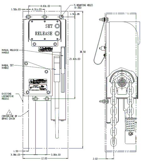 SafeSet Lever Style Locomotive Parking Brake technical drawing