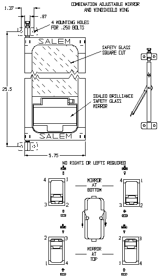 652 Series Combination Adjustable Windshield Wing/Mirrors technical drawing