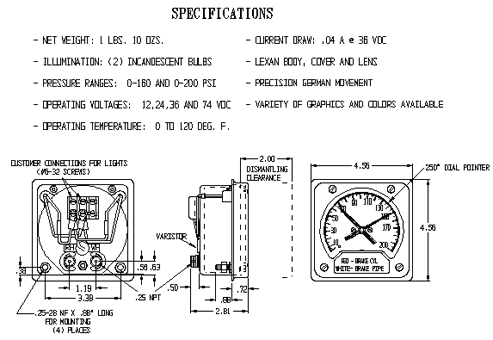 849 Illuminated Console or Panel Series Air Gauges technical drawing