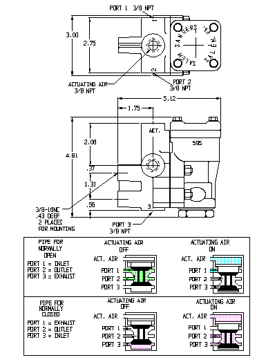 595 Series Relay Valves technical drawing